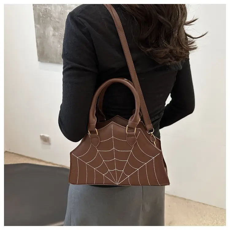 Spider Web Embroidered Brown Shoulder Bag — feature 15