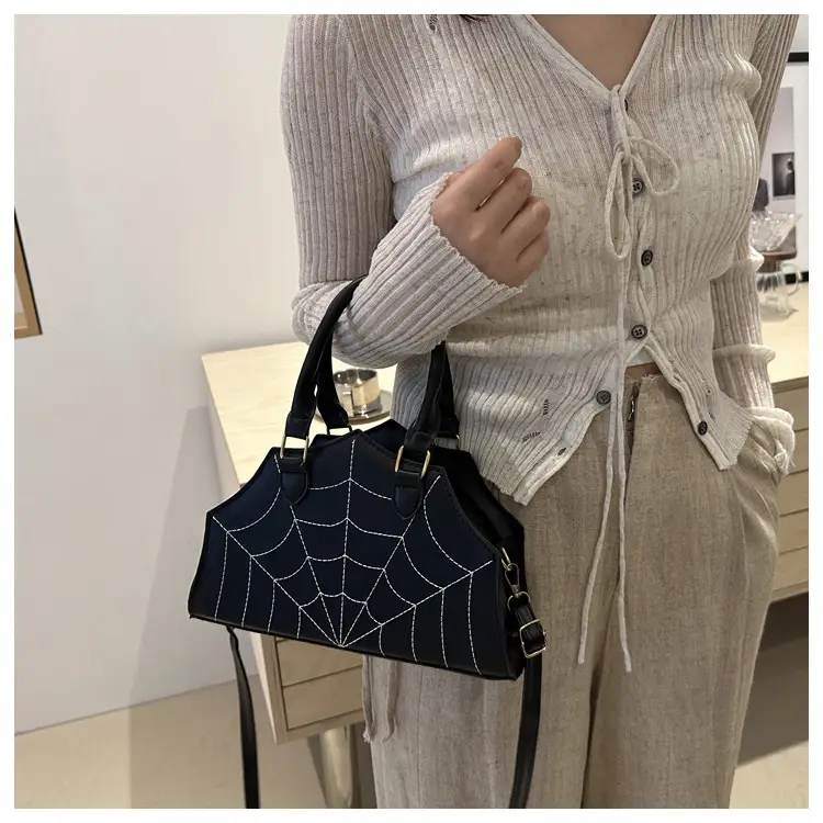 Spider Web Embroidered Brown Shoulder Bag — feature 23