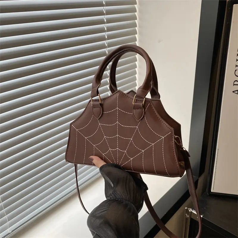 Spider Web Embroidered Brown Shoulder Bag - Image 3
