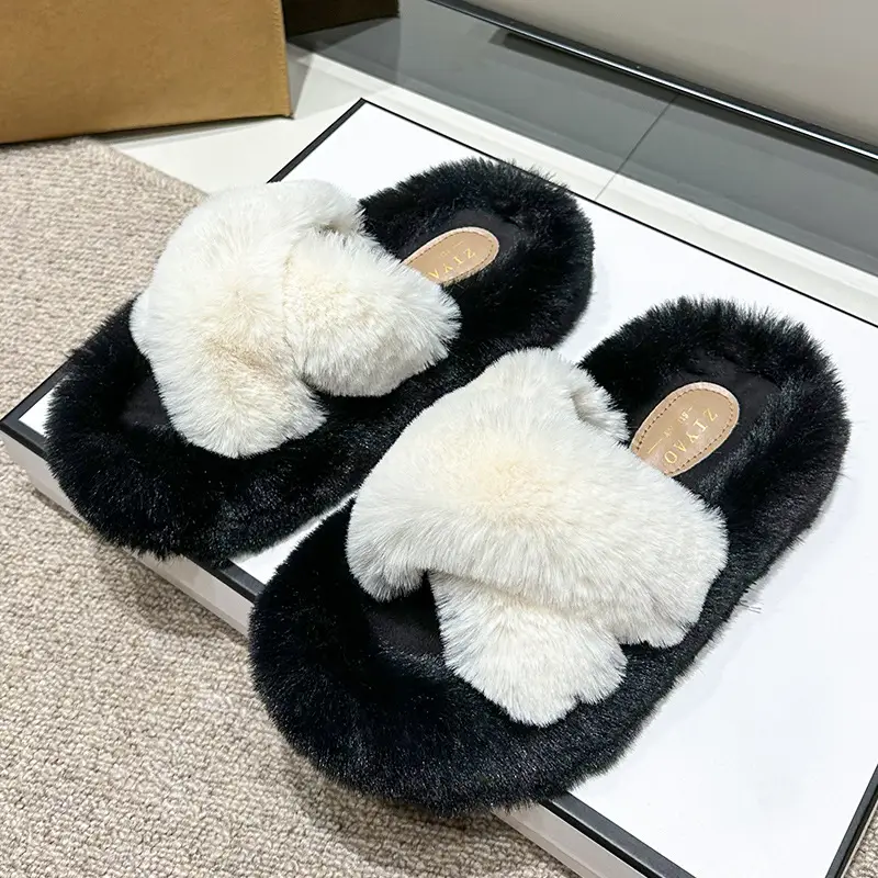 Women Wool Fluffy Slippers Black White Indoor Home - Image 5