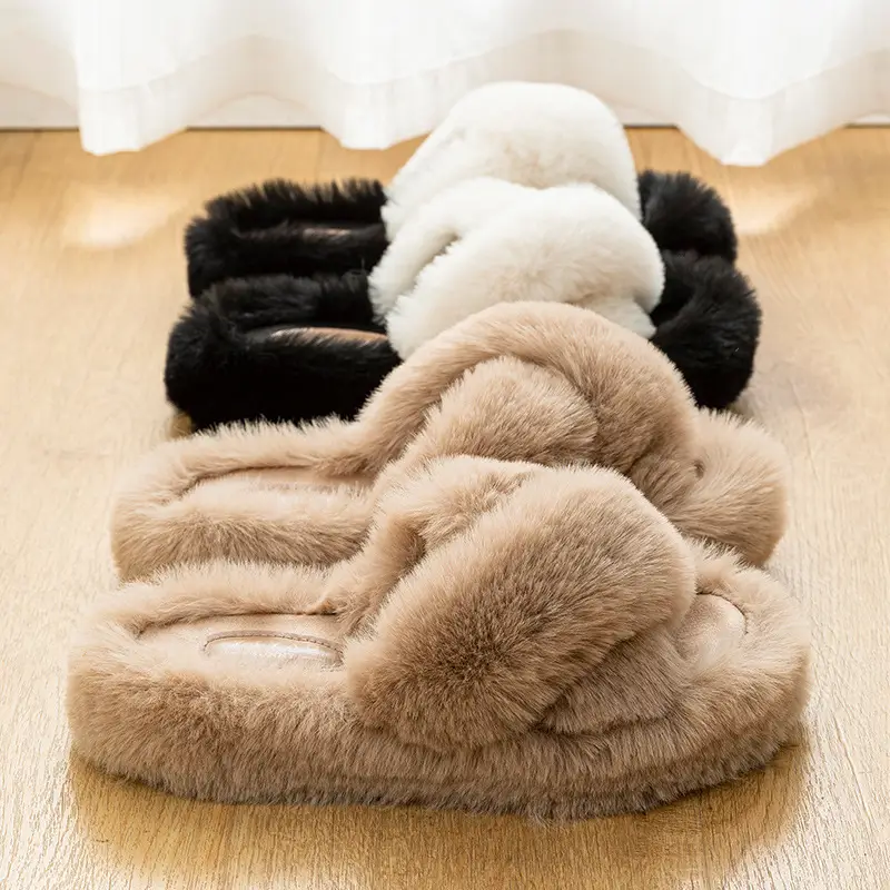 Women Wool Fluffy Slippers Black White Indoor Home - Image 6