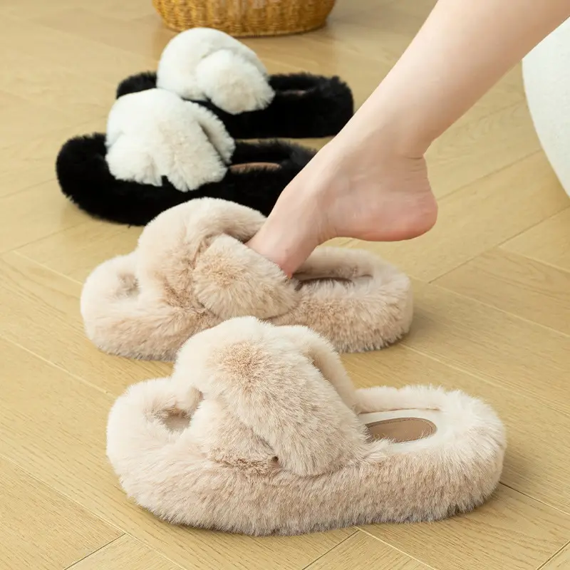 Women Wool Fluffy Slippers Black White Indoor Home - Image 7
