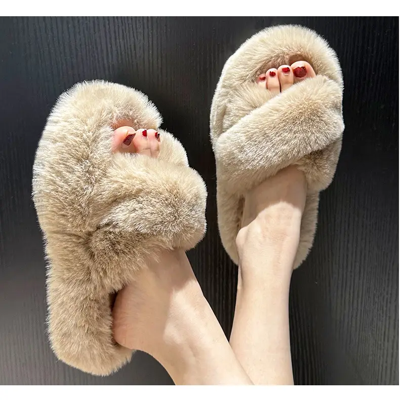Women Wool Fluffy Slippers Black White Indoor Home — feature 10