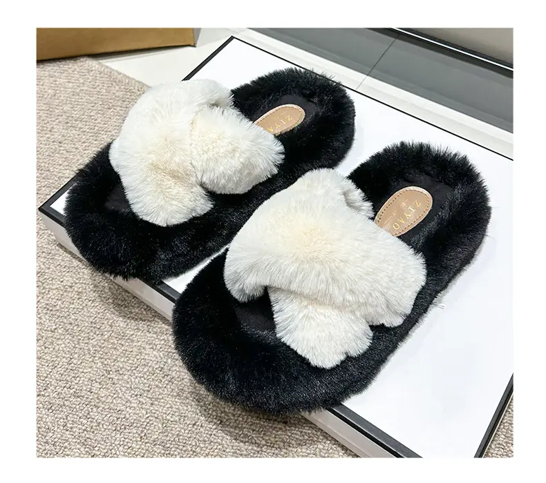 Women Wool Fluffy Slippers Black White Indoor Home — feature 12