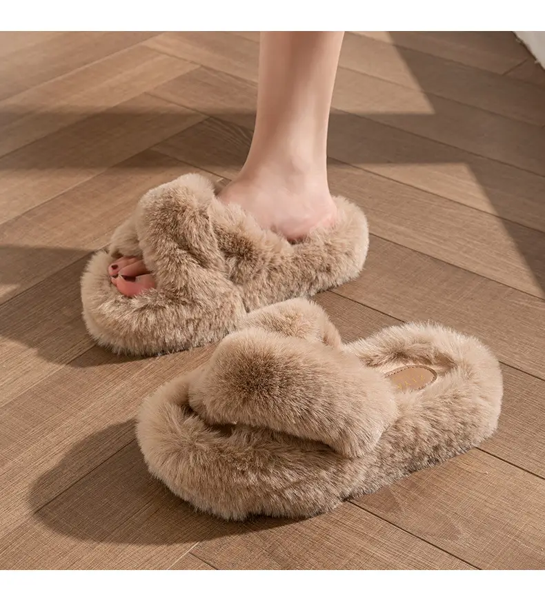 Women Wool Fluffy Slippers Black White Indoor Home — feature 16