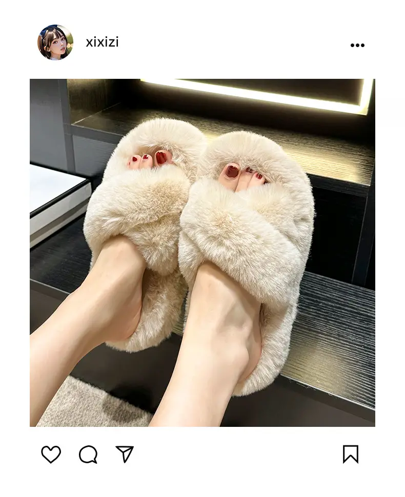 Women Wool Fluffy Slippers Black White Indoor Home — feature 3