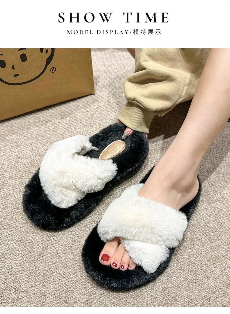 Women Wool Fluffy Slippers Black White Indoor Home — feature 7