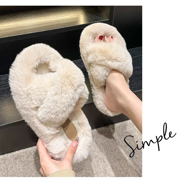 Women Wool Fluffy Slippers Black White Indoor Home — feature 9