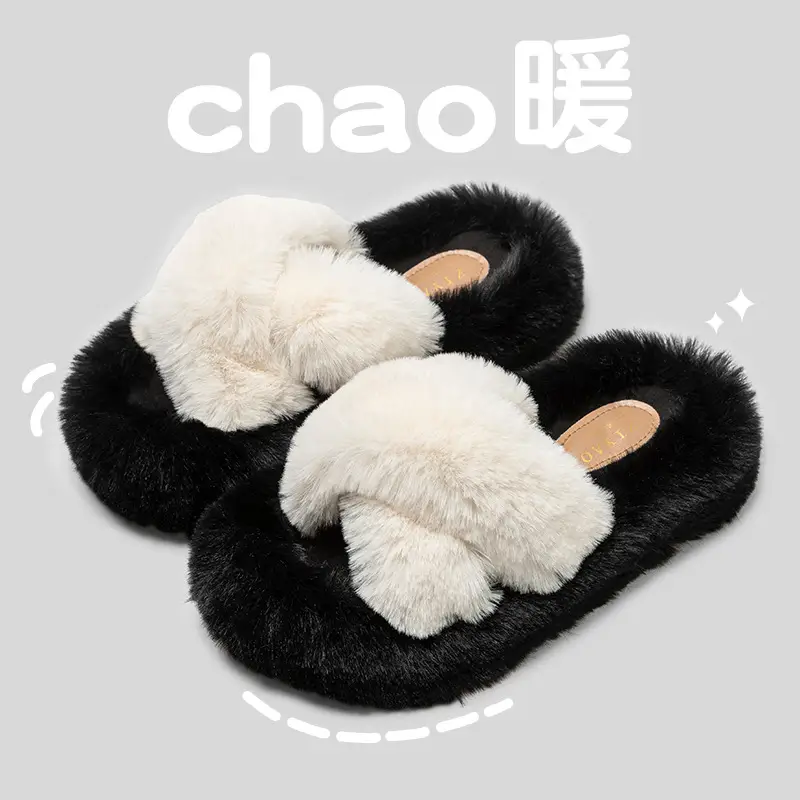 Women Wool Fluffy Slippers Black White Indoor Home - Image 3
