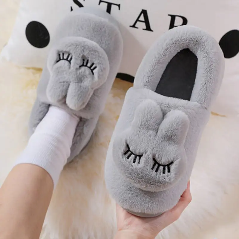 Women's Grey Bunny Plush Slippers Winter Home - Image 3