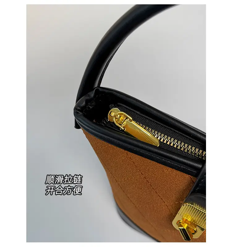 Retro Brown Bucket Bag with Gold Plated Handle — feature 5