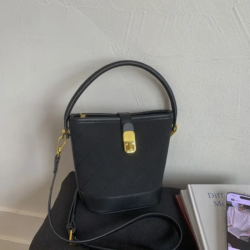 Retro Brown Bucket Bag with Gold Plated Handle - Image 3