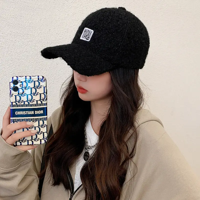 Women Korean Style Velvet Letter Cap Beige - Image 6