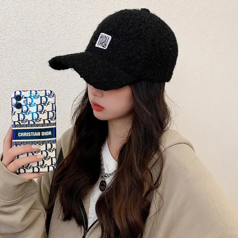 Women Korean Style Velvet Letter Cap Beige - Image 2