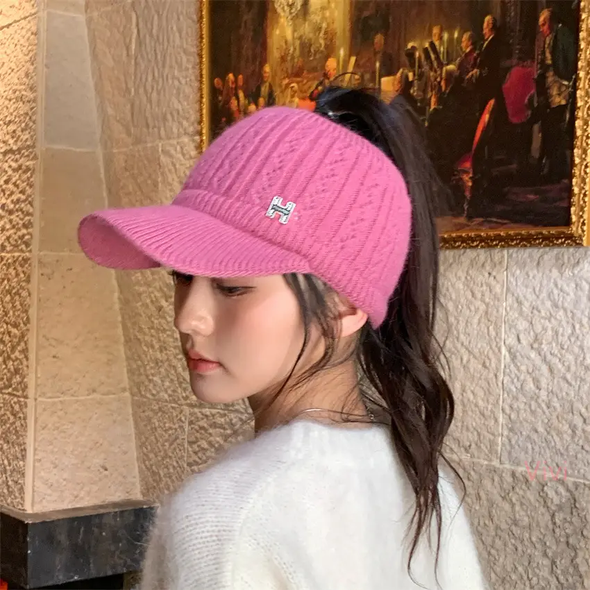 Women's Maroon Knitted Baseball Cap with H Logo — feature 17