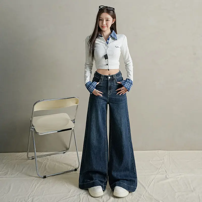 Women Dark Blue Wide Leg Jeans with Plaid Sleeves