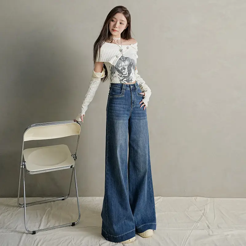 Women Dark Blue Wide Leg Jeans with Plaid Sleeves
