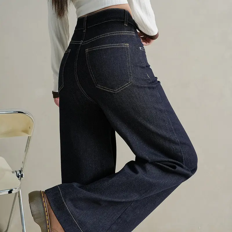 Women Dark Blue Wide Leg Jeans with Plaid Sleeves