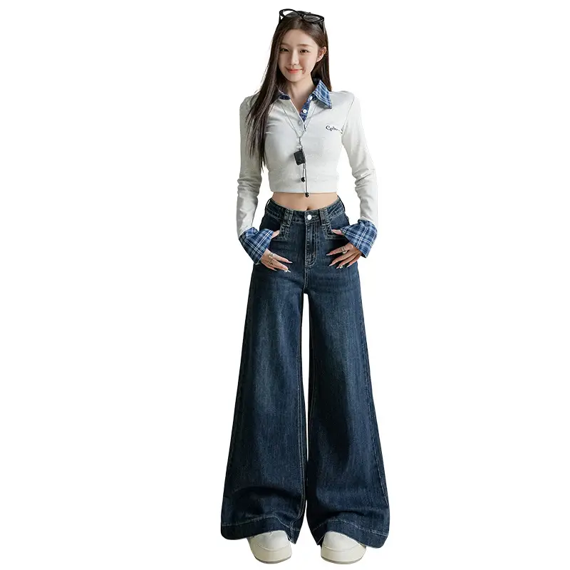 Women Dark Blue Wide Leg Jeans with Plaid Sleeves