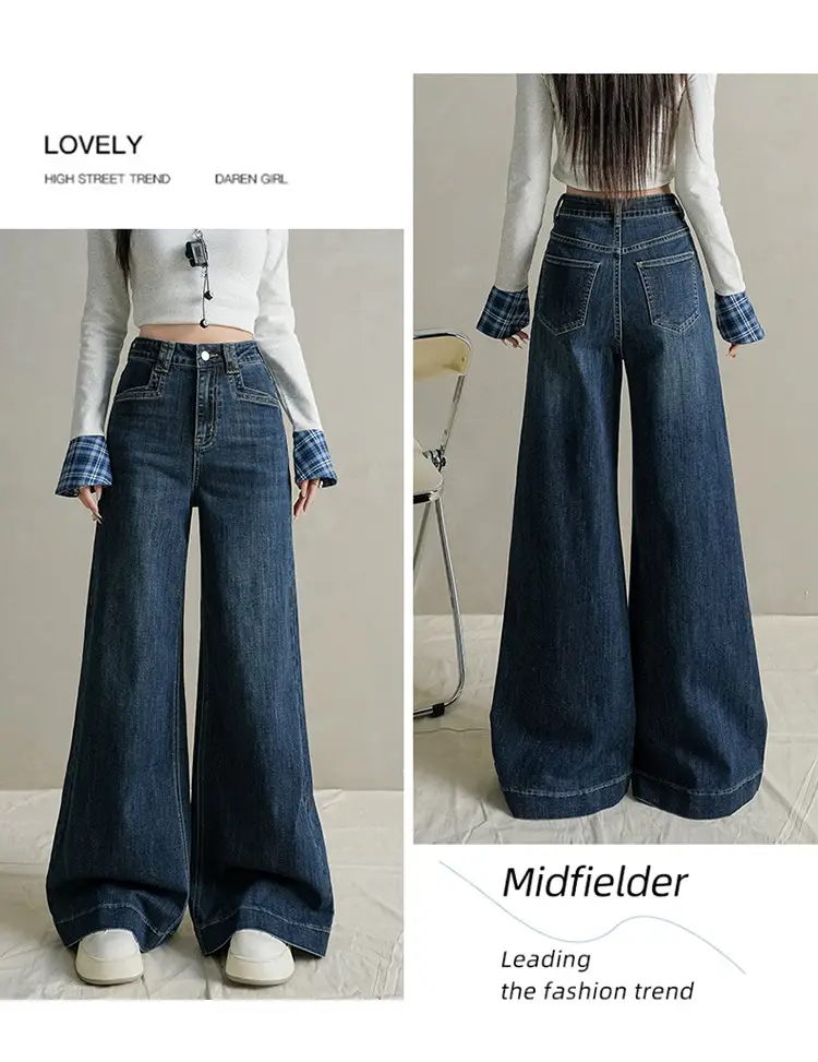 Women Dark Blue Wide Leg Jeans with Plaid Sleeves — feature 10