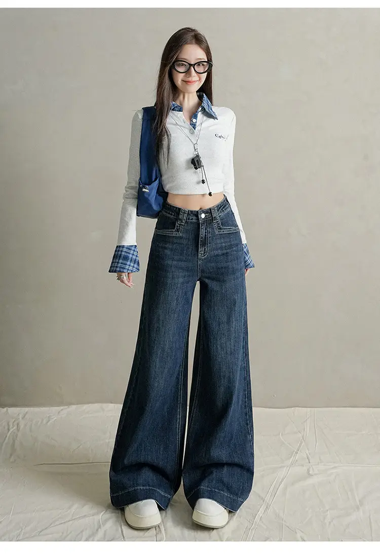 Women Dark Blue Wide Leg Jeans with Plaid Sleeves — feature 11