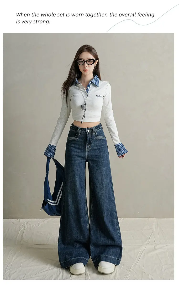 Women Dark Blue Wide Leg Jeans with Plaid Sleeves — feature 12