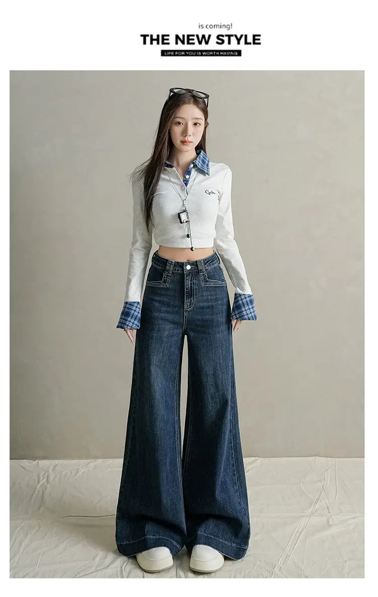 Women Dark Blue Wide Leg Jeans with Plaid Sleeves — feature 13