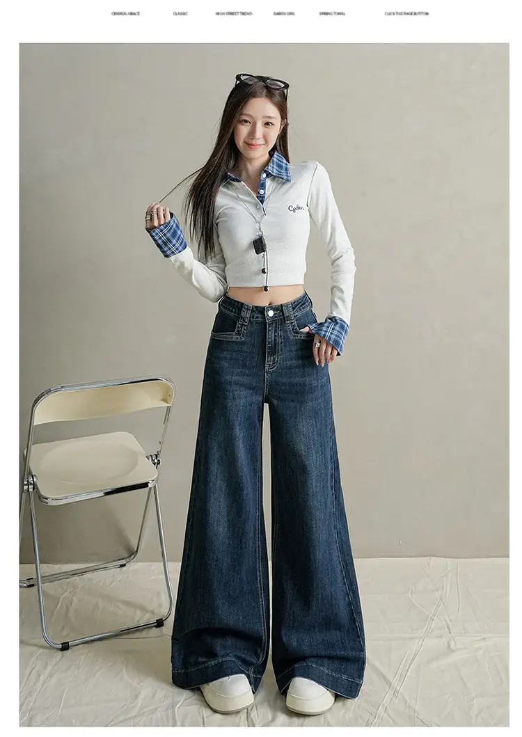 Women Dark Blue Wide Leg Jeans with Plaid Sleeves — feature 14