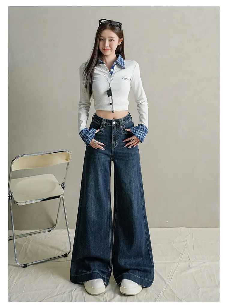 Women Dark Blue Wide Leg Jeans with Plaid Sleeves — feature 15