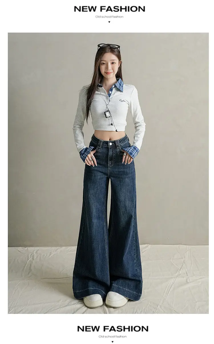 Women Dark Blue Wide Leg Jeans with Plaid Sleeves — feature 16