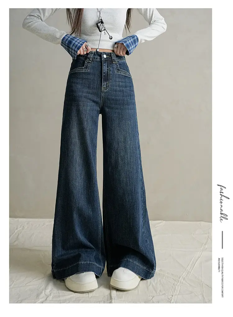 Women Dark Blue Wide Leg Jeans with Plaid Sleeves — feature 17