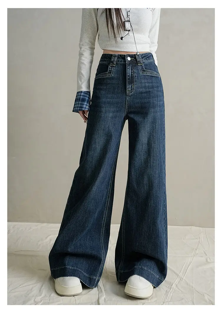 Women Dark Blue Wide Leg Jeans with Plaid Sleeves — feature 18