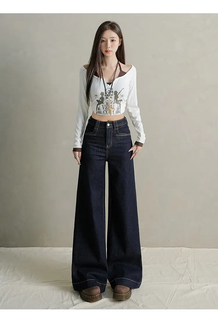 Women Dark Blue Wide Leg Jeans with Plaid Sleeves — feature 19