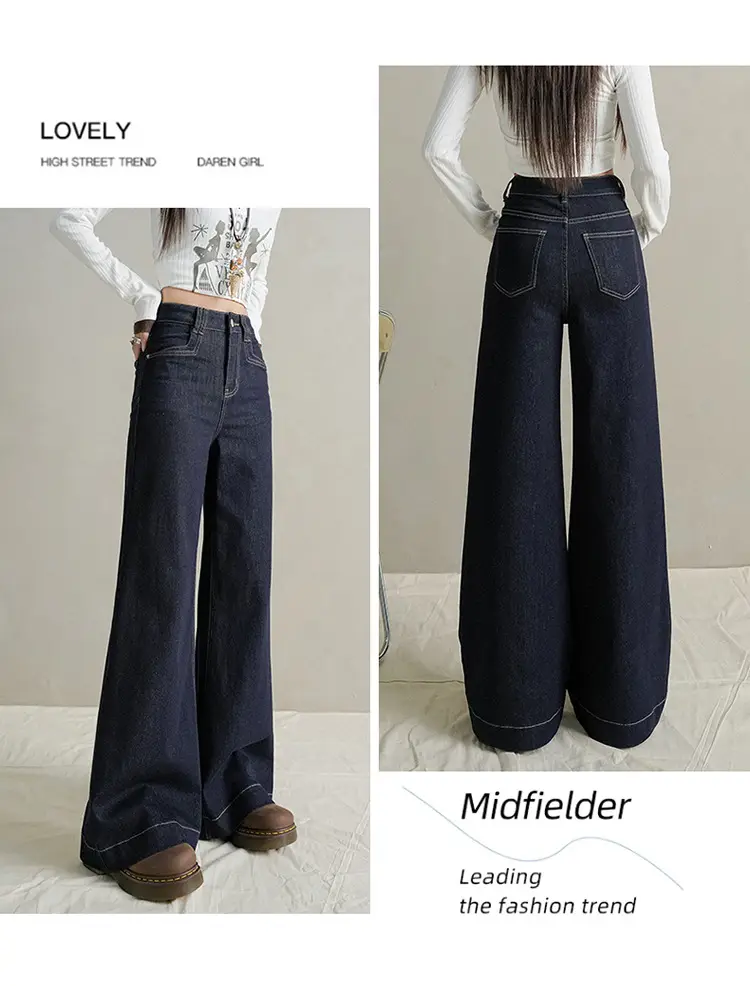 Women Dark Blue Wide Leg Jeans with Plaid Sleeves — feature 20