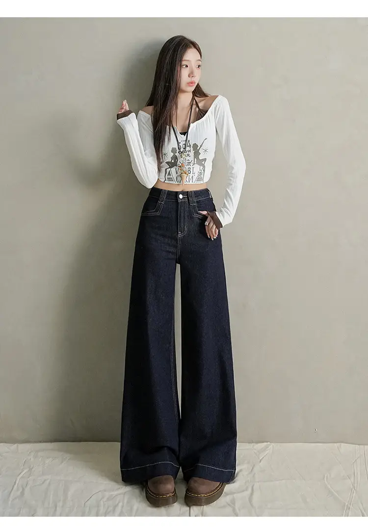 Women Dark Blue Wide Leg Jeans with Plaid Sleeves — feature 21