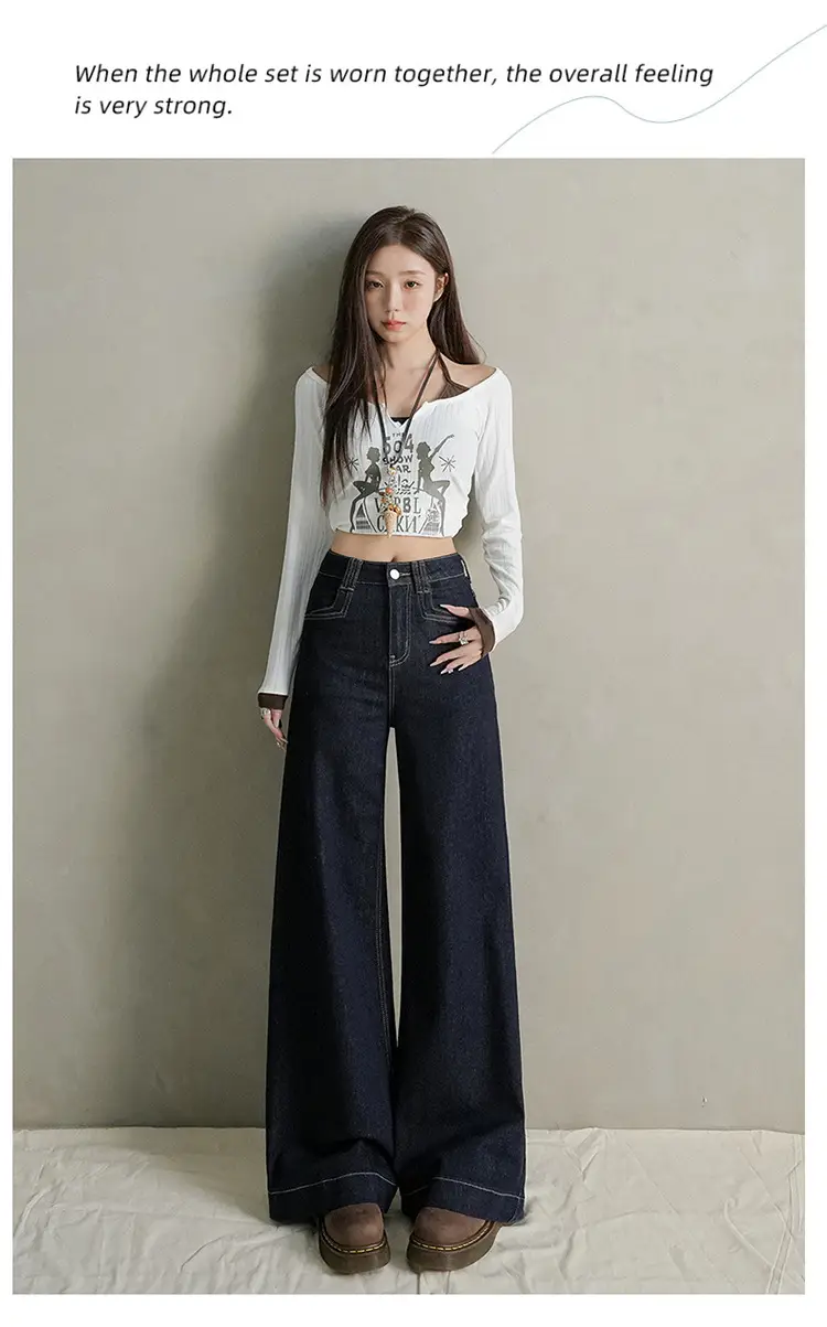 Women Dark Blue Wide Leg Jeans with Plaid Sleeves — feature 22