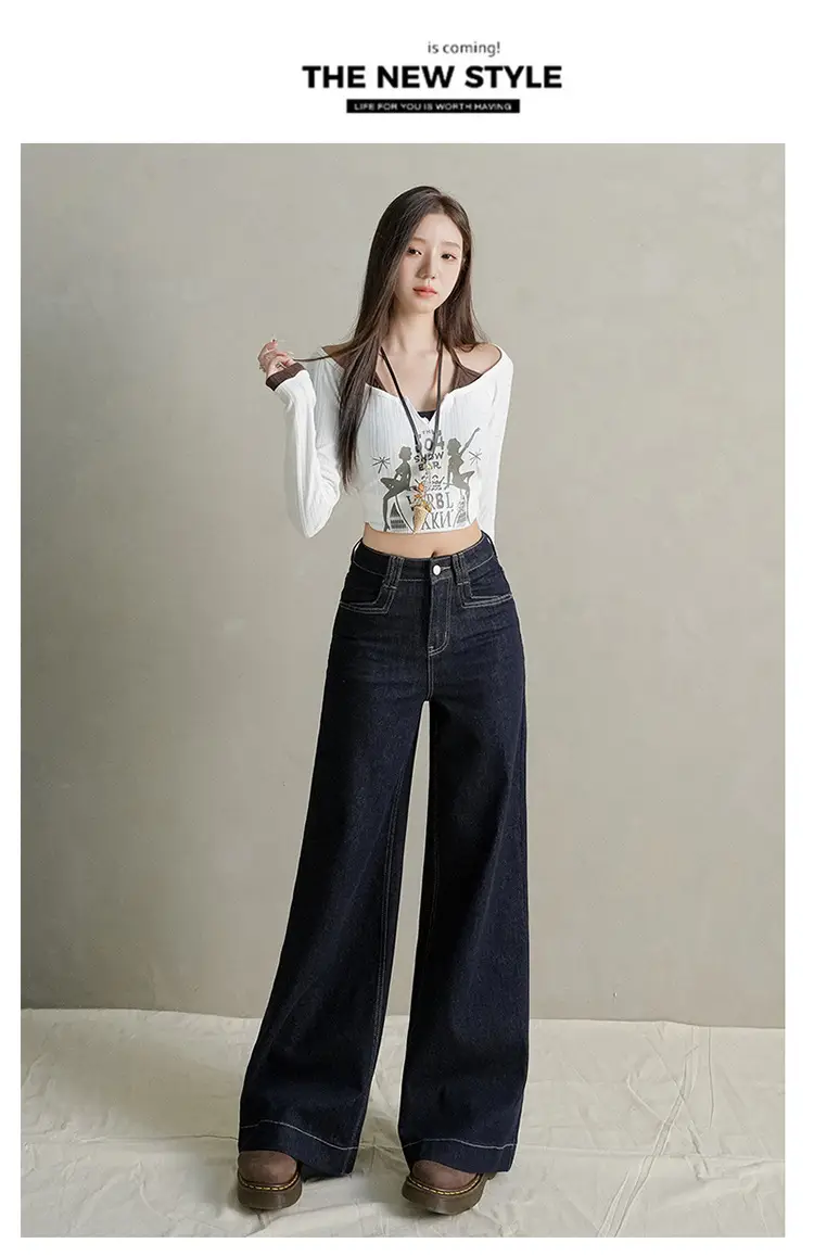 Women Dark Blue Wide Leg Jeans with Plaid Sleeves — feature 23