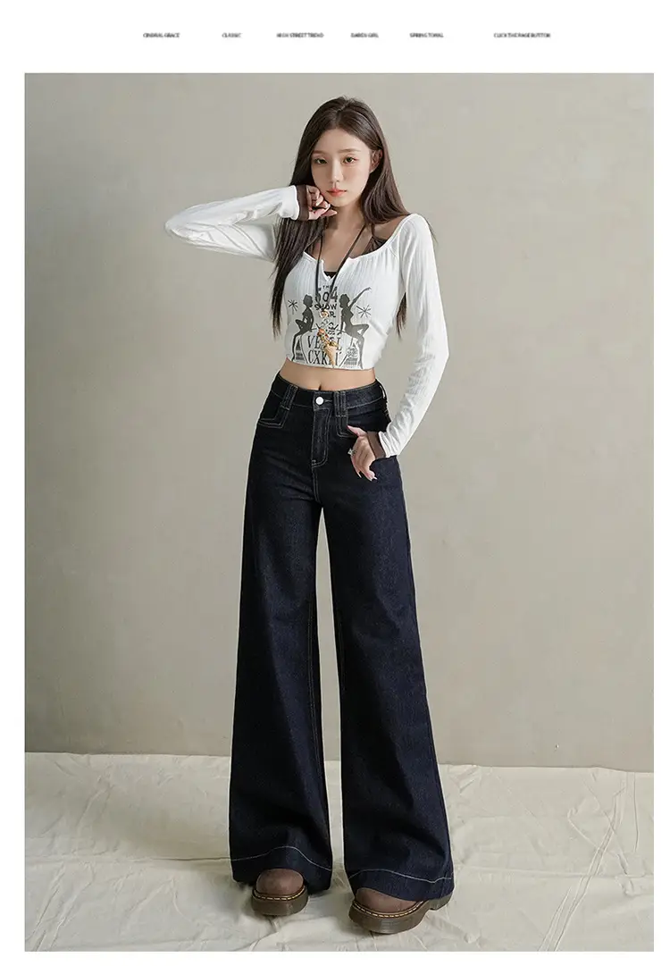 Women Dark Blue Wide Leg Jeans with Plaid Sleeves — feature 24