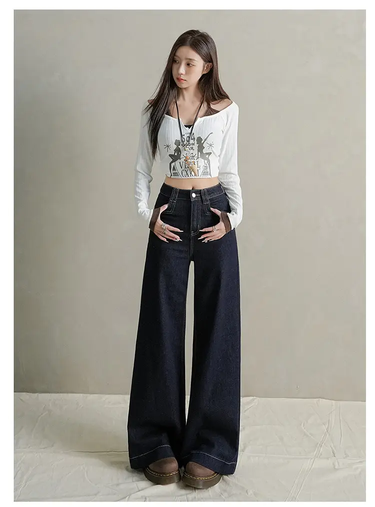 Women Dark Blue Wide Leg Jeans with Plaid Sleeves — feature 25