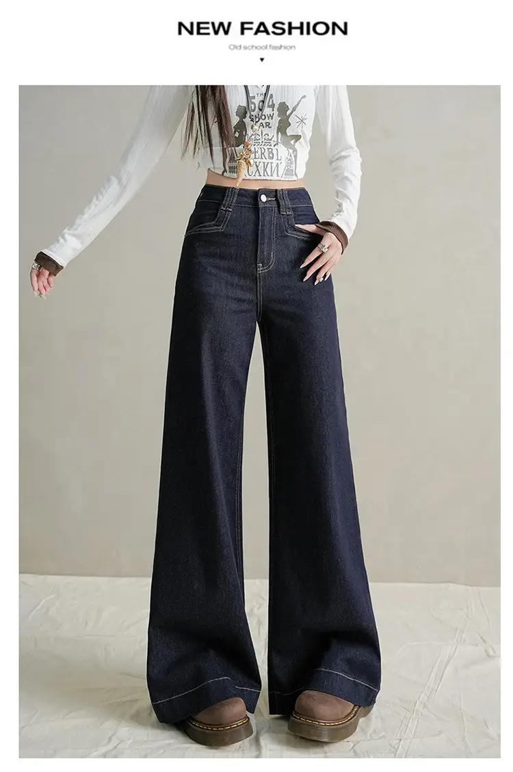 Women Dark Blue Wide Leg Jeans with Plaid Sleeves — feature 26