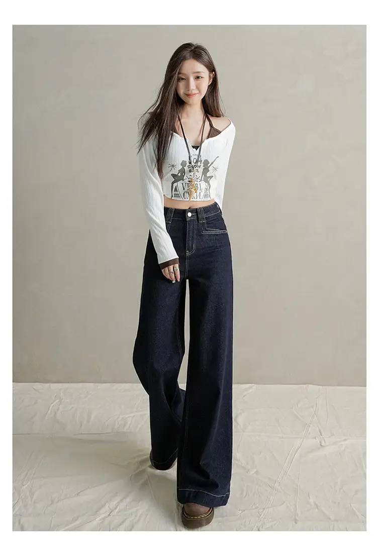 Women Dark Blue Wide Leg Jeans with Plaid Sleeves — feature 28