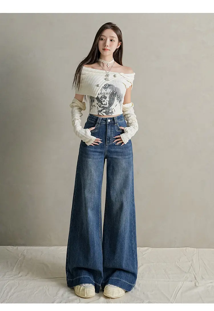 Women Dark Blue Wide Leg Jeans with Plaid Sleeves — feature 29