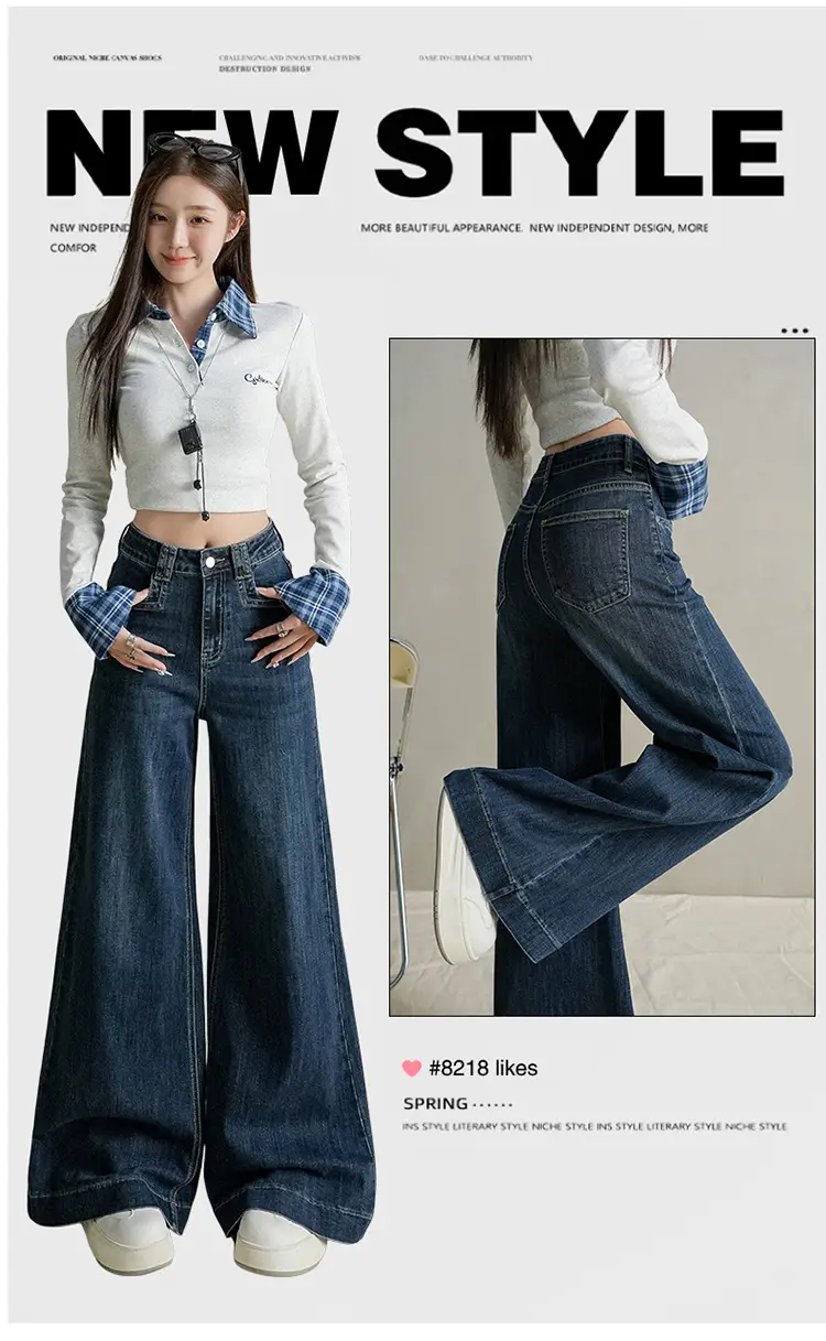 Women Dark Blue Wide Leg Jeans with Plaid Sleeves — feature 3