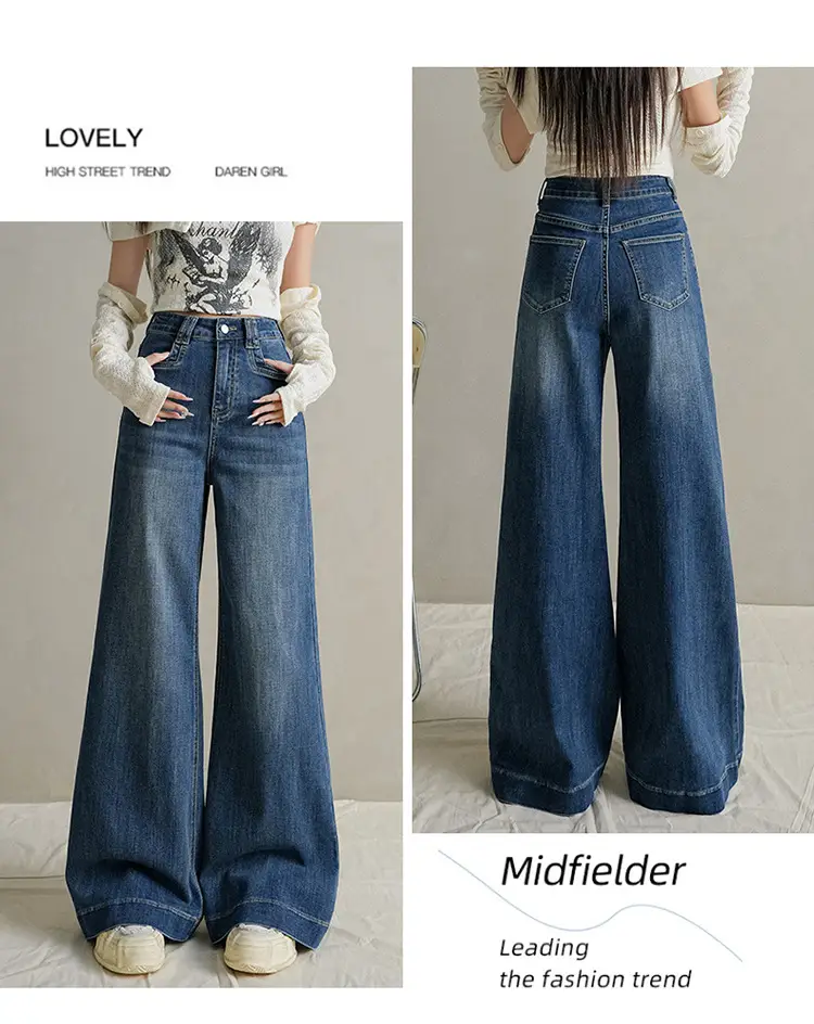 Women Dark Blue Wide Leg Jeans with Plaid Sleeves — feature 30