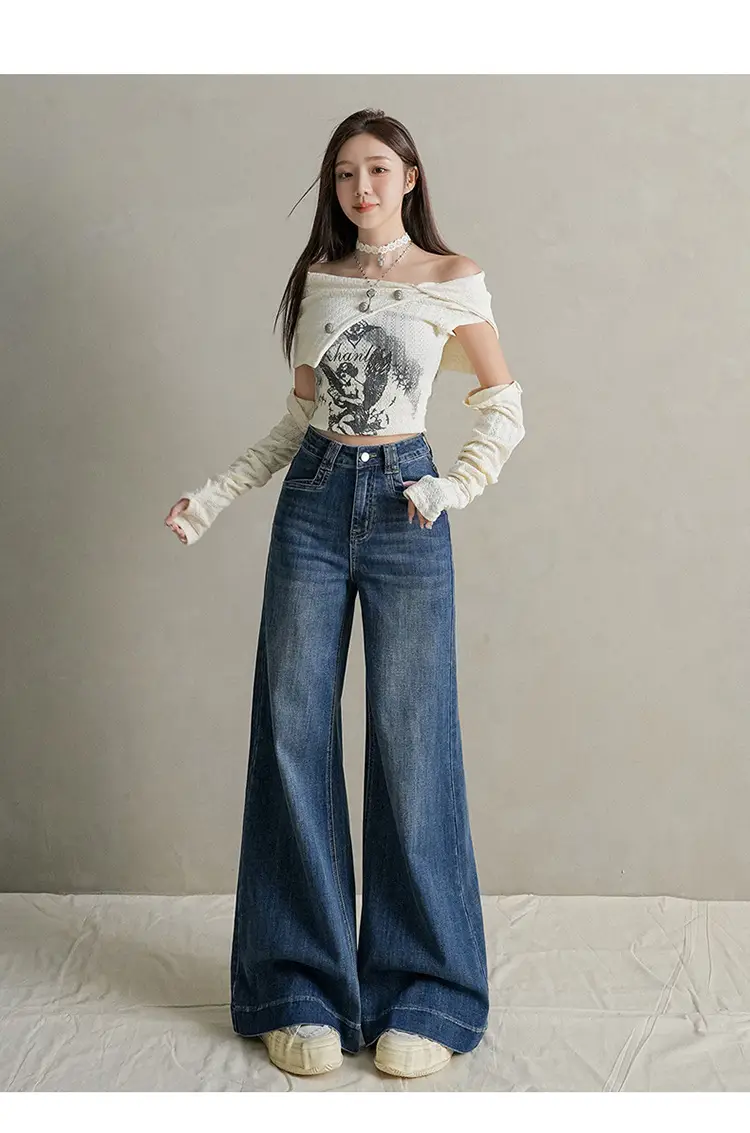 Women Dark Blue Wide Leg Jeans with Plaid Sleeves — feature 31