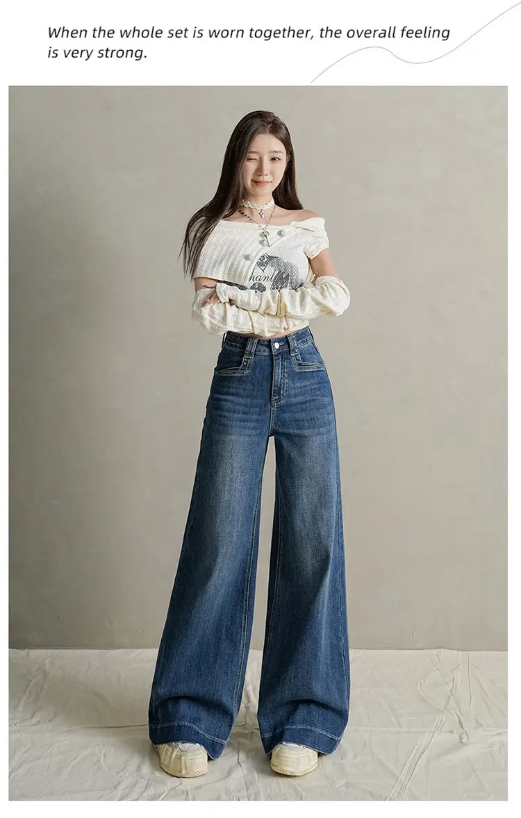 Women Dark Blue Wide Leg Jeans with Plaid Sleeves — feature 32