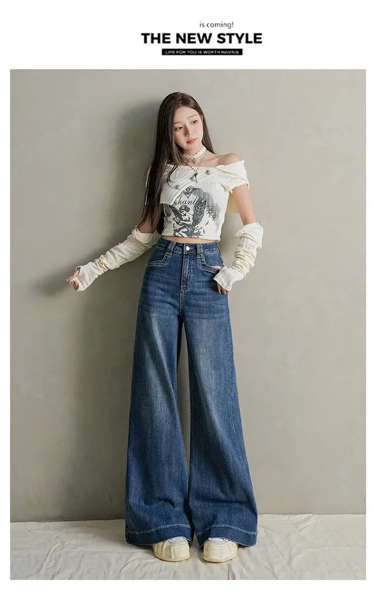 Women Dark Blue Wide Leg Jeans with Plaid Sleeves — feature 33