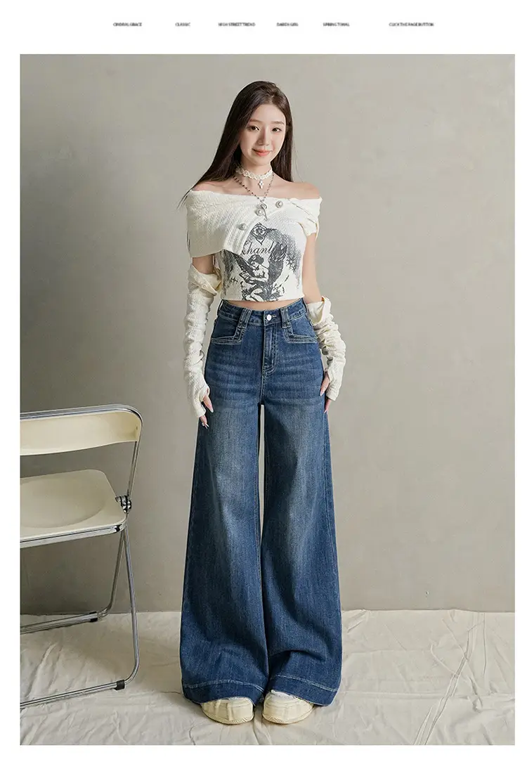 Women Dark Blue Wide Leg Jeans with Plaid Sleeves — feature 34