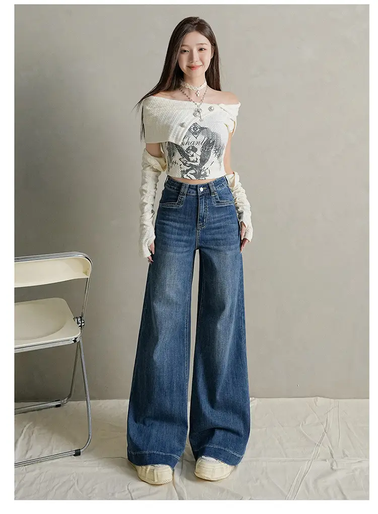 Women Dark Blue Wide Leg Jeans with Plaid Sleeves — feature 35