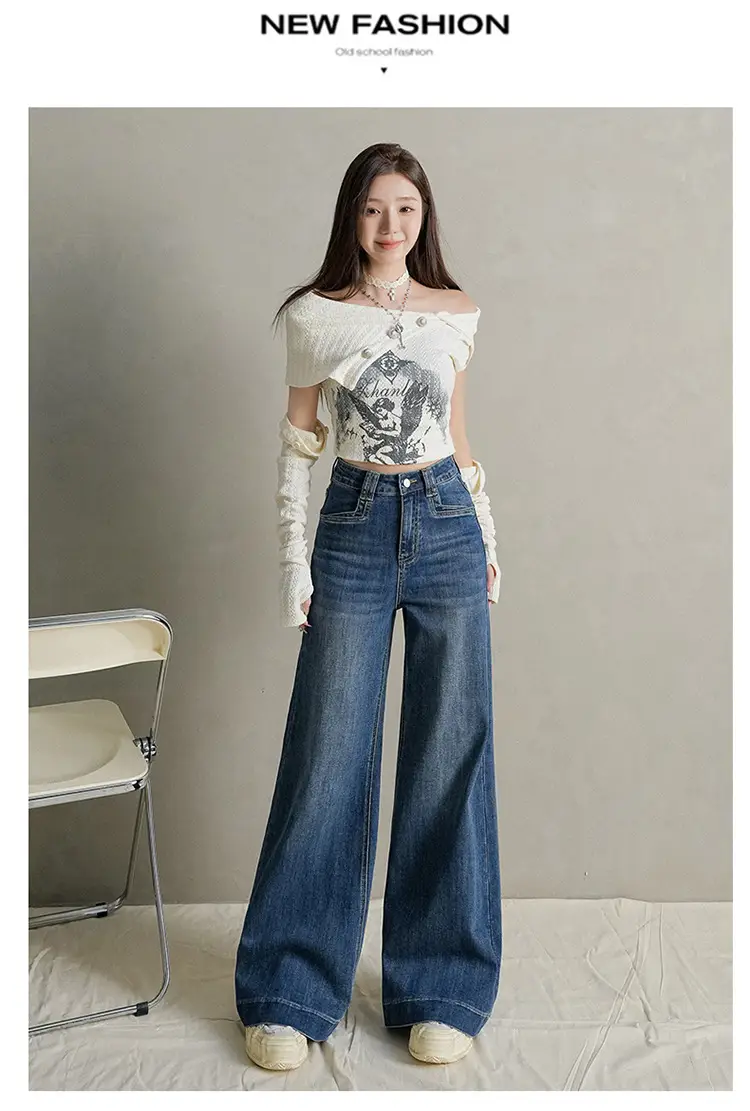 Women Dark Blue Wide Leg Jeans with Plaid Sleeves — feature 36